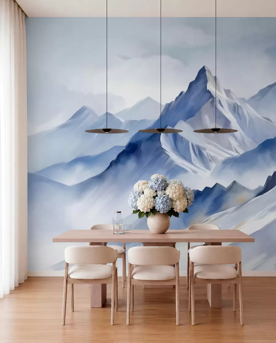 murales de pared Montañas nevadas con textura, un suave efecto acuarela y una paleta de colores azul y blanco. w09630
