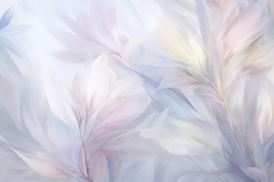 murales de pared Hojas suaves en tonos pastel y plumas en tonos rosa, azul y amarillo, estampado abstracto y con textura. w09634