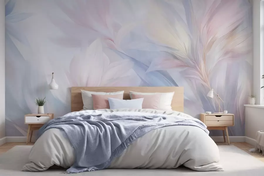 murales de pared Hojas suaves en tonos pastel y plumas en tonos rosa, azul y amarillo, estampado abstracto y con textura. w09634