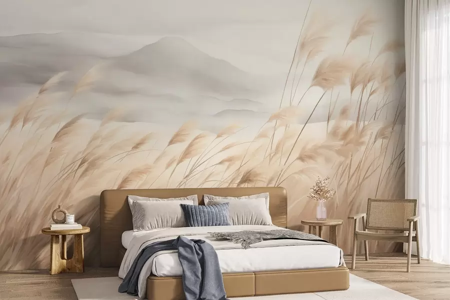 murales de pared Paisaje montañoso con textura, con hierba alta y seca bajo un cielo brumoso. w09649