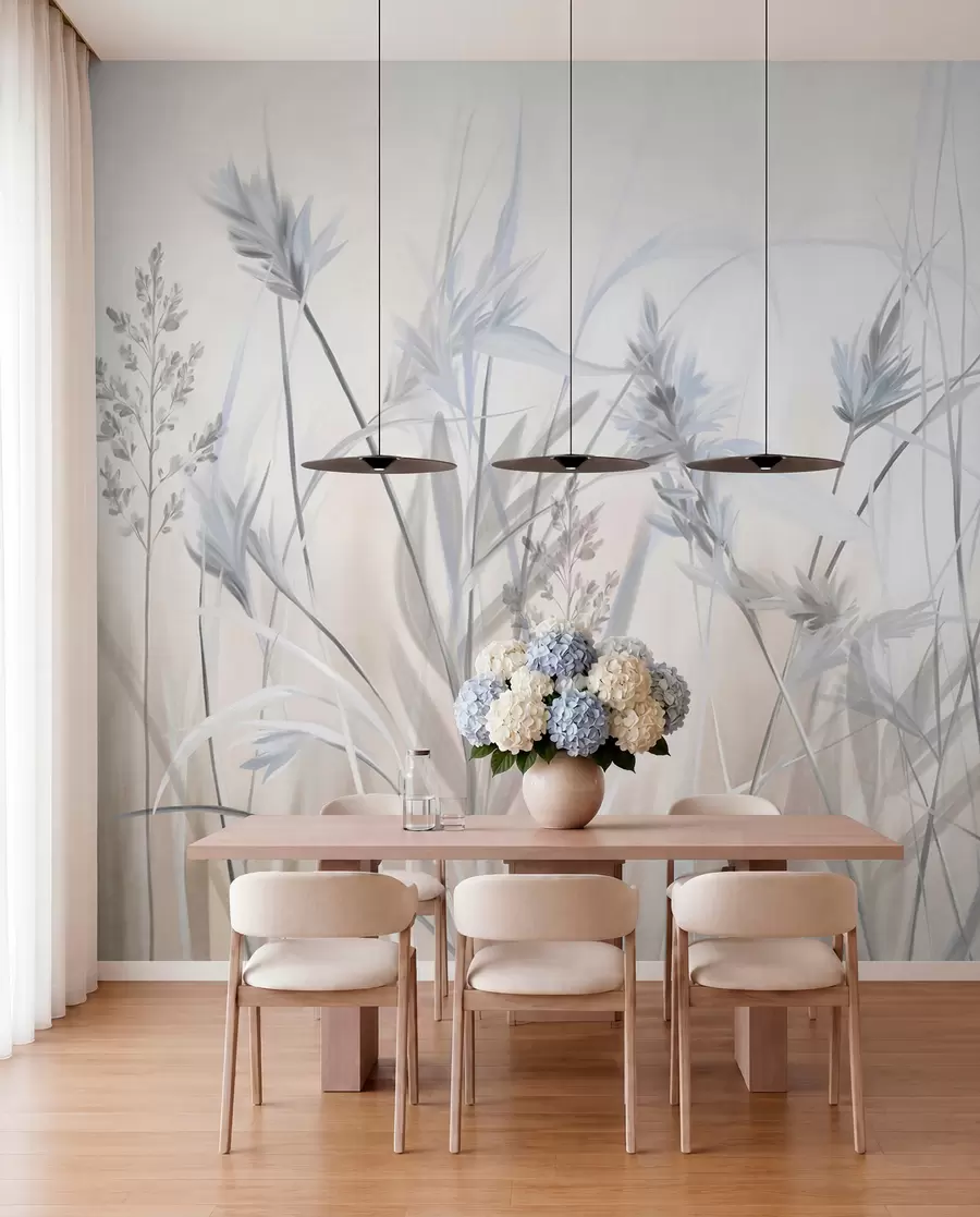 murales de pared Tallos altos y secos de hierba con puntas plumosas en tonos apagados, fondo blanco y beige suave y difuminado. w09652v1