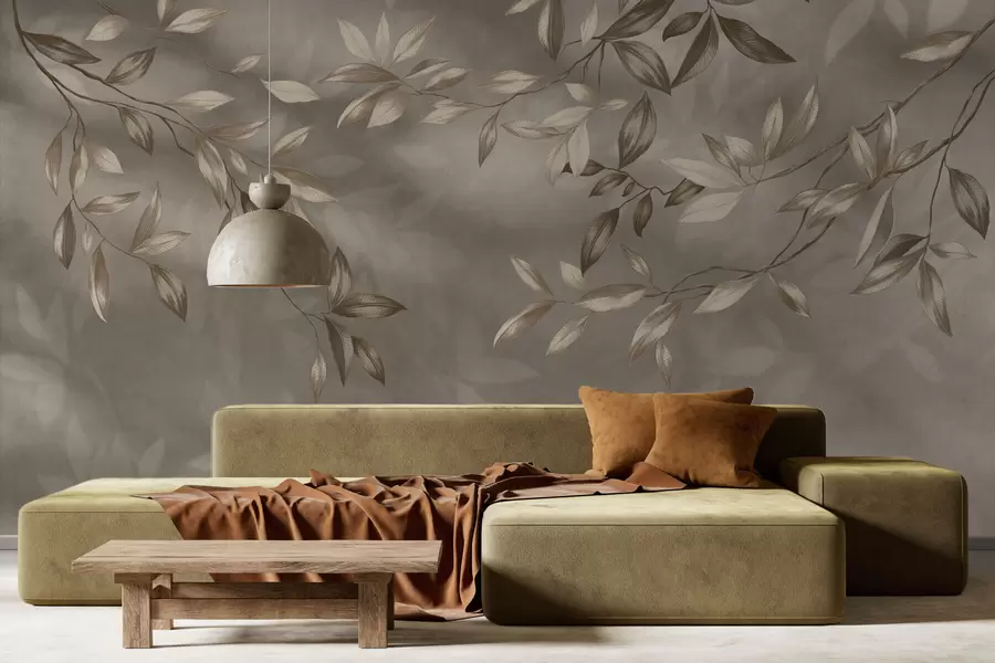 murales de pared Delicadas ramas frondosas en tonos beige sobre un fondo claro. w05113v2