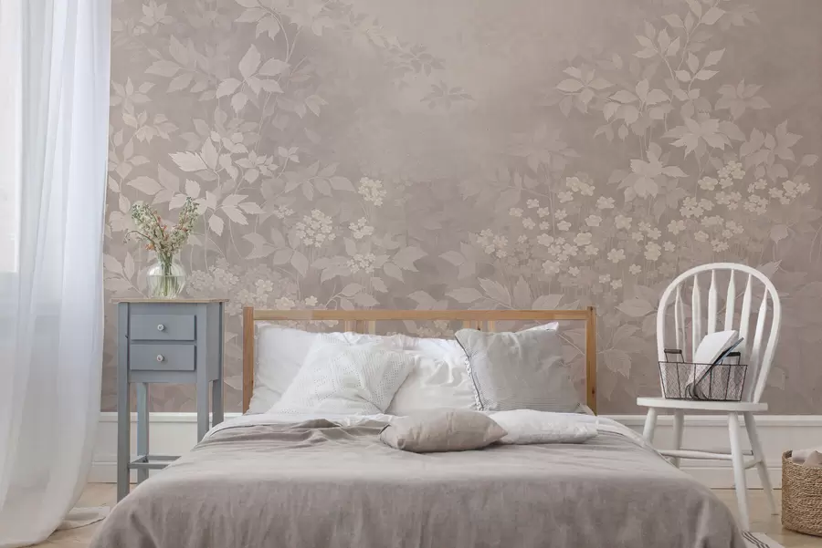 murales de pared Adorno botánico ligero con hojas y pequeñas flores. w05115