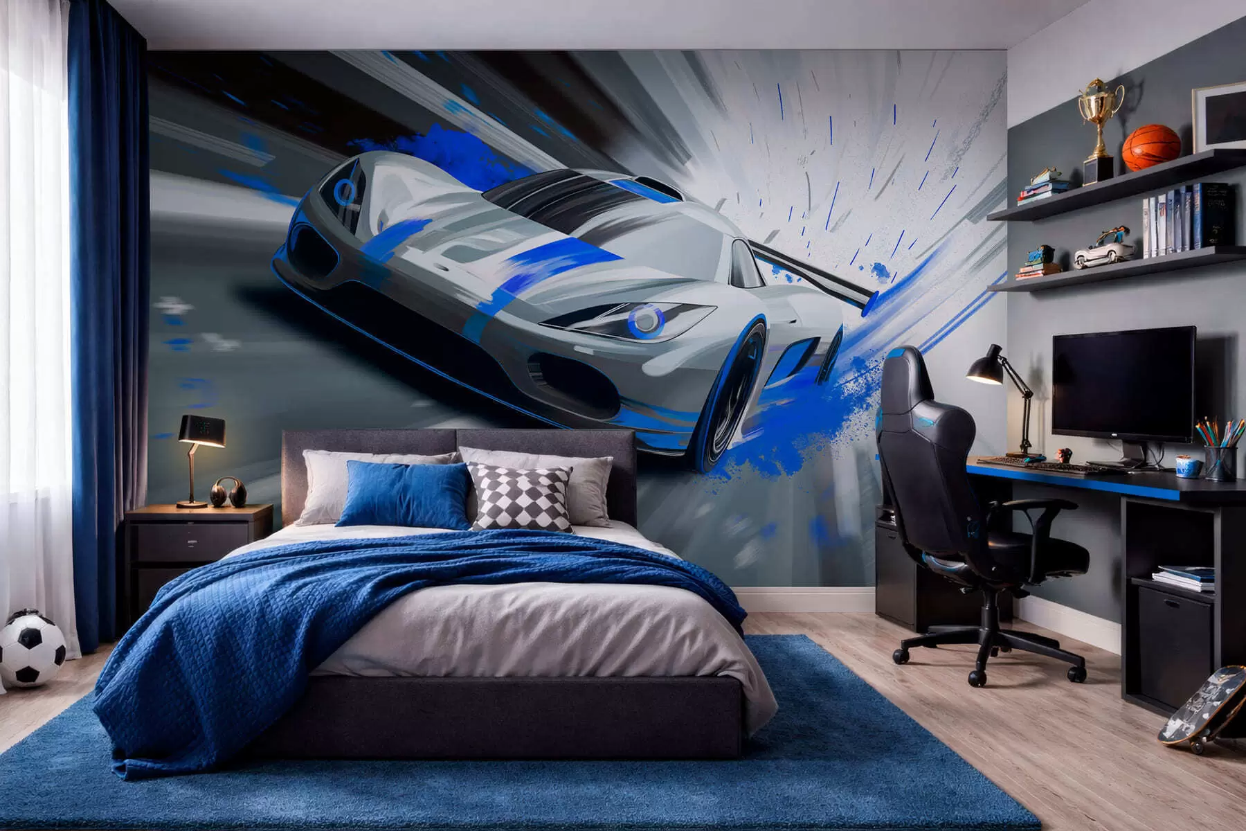 murales de pared Coche deportivo dinámico en estilo de dibujo digital con detalles en azul. w05069
