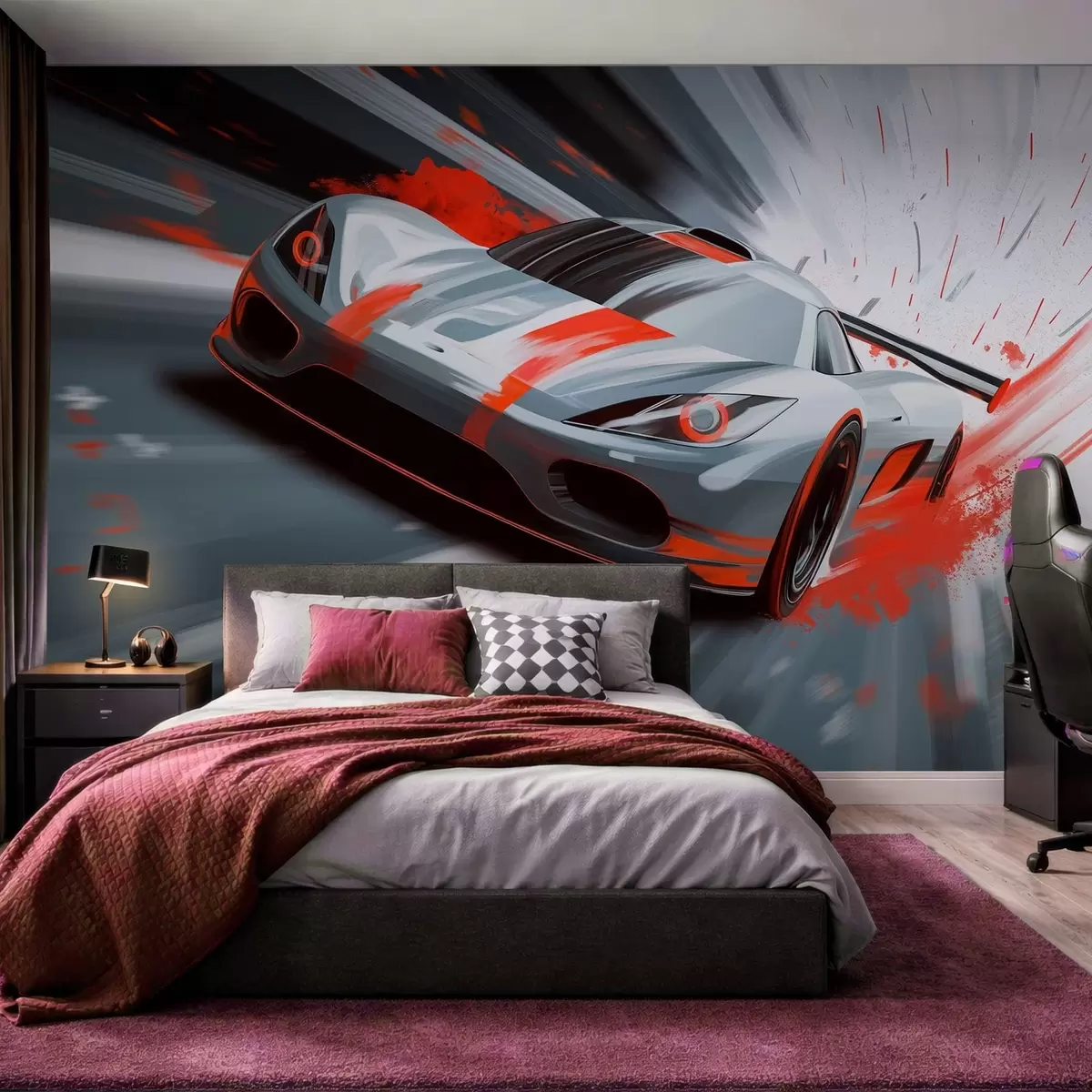 murales de pared Coche deportivo dinámico en estilo de dibujo digital con detalles en rojo. w05069v1