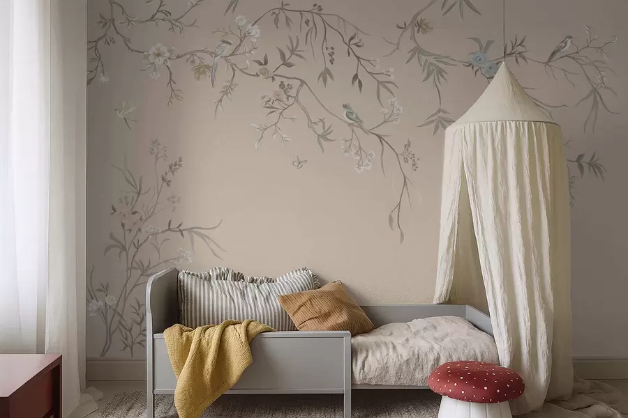 murales de pared Ramas florales con pájaros sobre un fondo beige cálido w05127v1