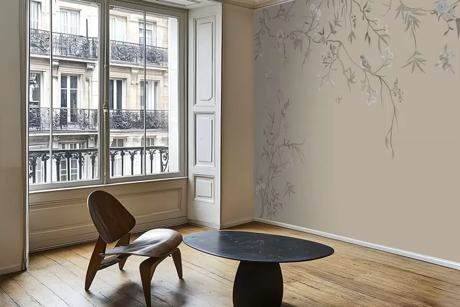 murales de pared Ramas florales con pájaros sobre un fondo beige cálido w05127v1