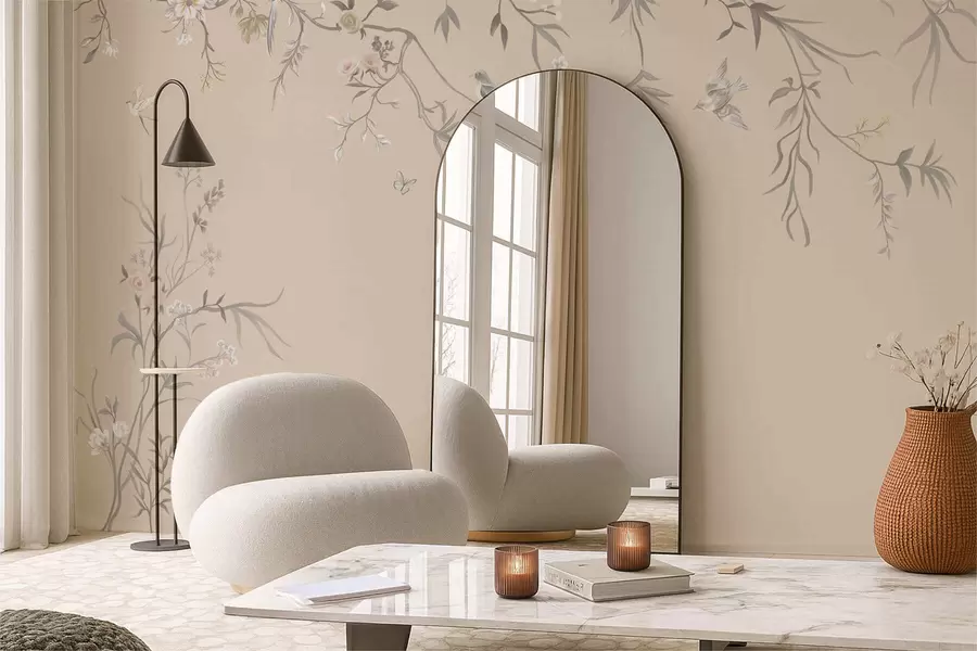 murales de pared Ramas florales con pájaros sobre un fondo beige cálido w05127v1