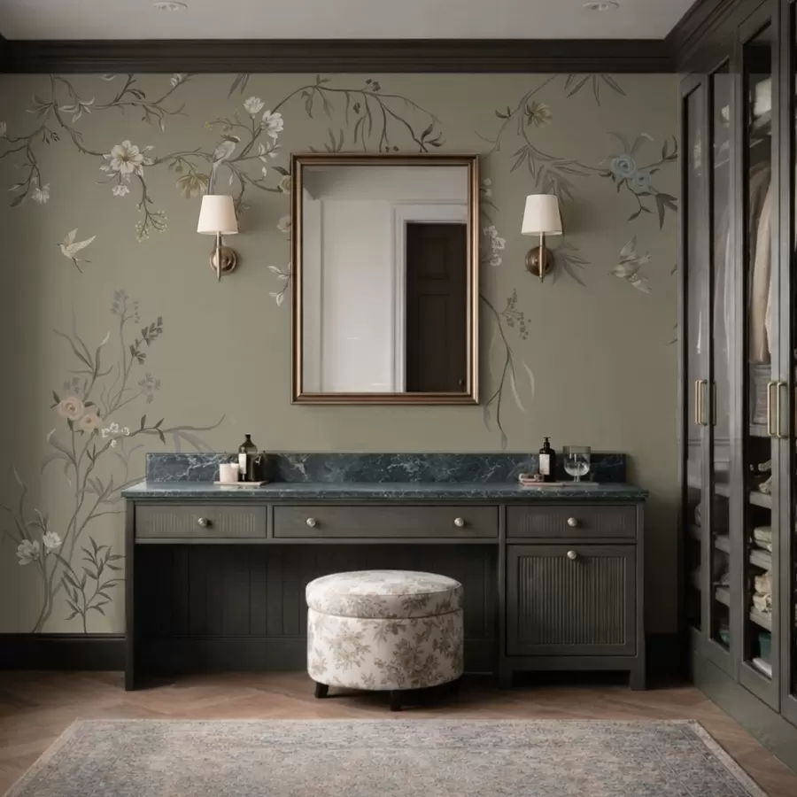 murales de pared Motivo floral con pájaros sobre fondo gris w05127v4