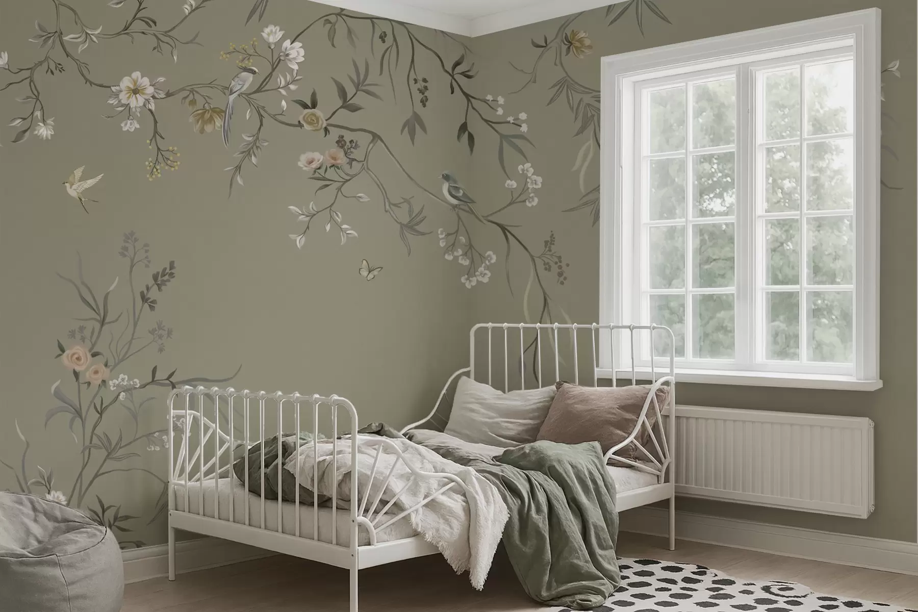murales de pared Motivo floral con pájaros sobre fondo gris w05127v4