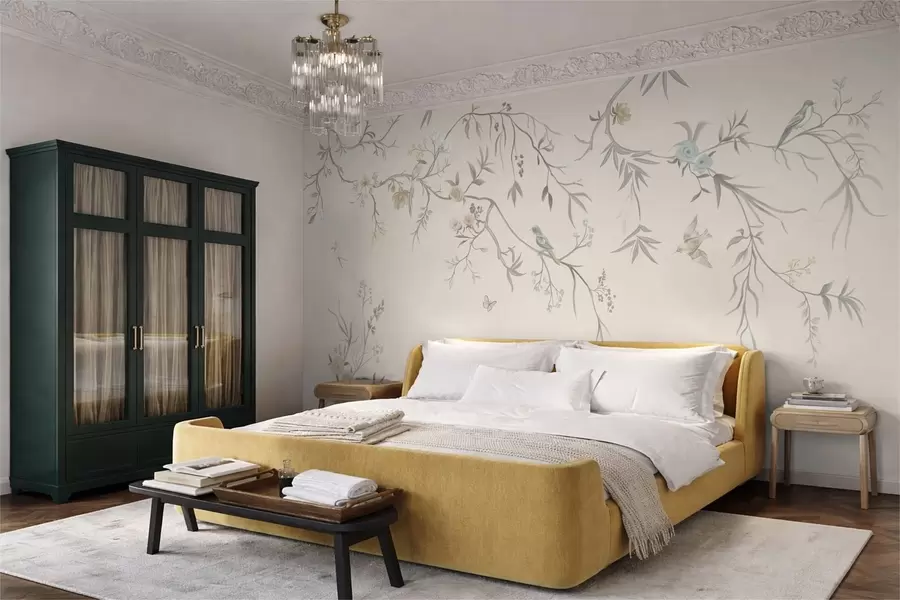 murales de pared Ramas florales con pájaros sobre un fondo claro w05127v7