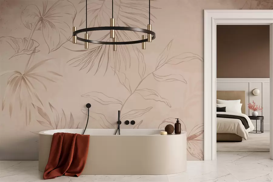 murales de pared Plantas lineales sobre fondo beige texturizado w05128