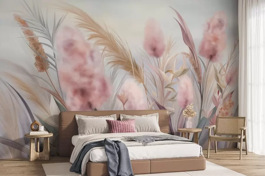 murales de pared Hierba de la pampa rosa y beige y otras flores secas con un cielo suave y brumoso al fondo. w09635