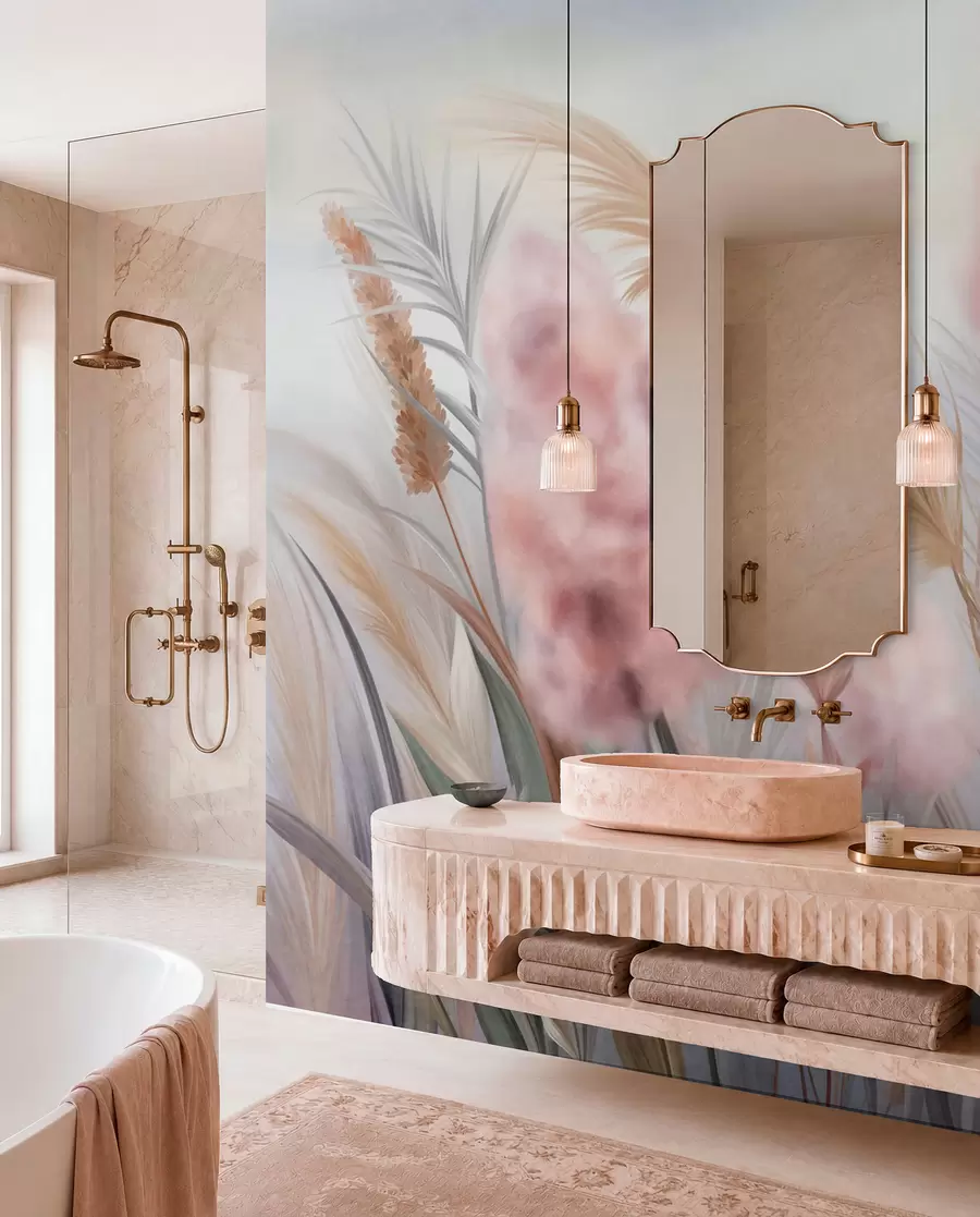 murales de pared Hierba de la pampa rosa y beige y otras flores secas con un cielo suave y brumoso al fondo. w09635
