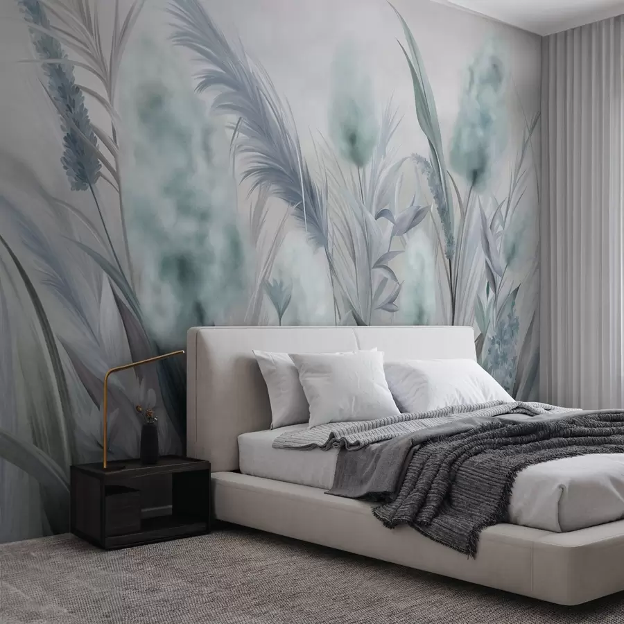 murales de pared Hierba de la pampa azul y gris y otras flores secas con un cielo suave y brumoso al fondo. w09635v1