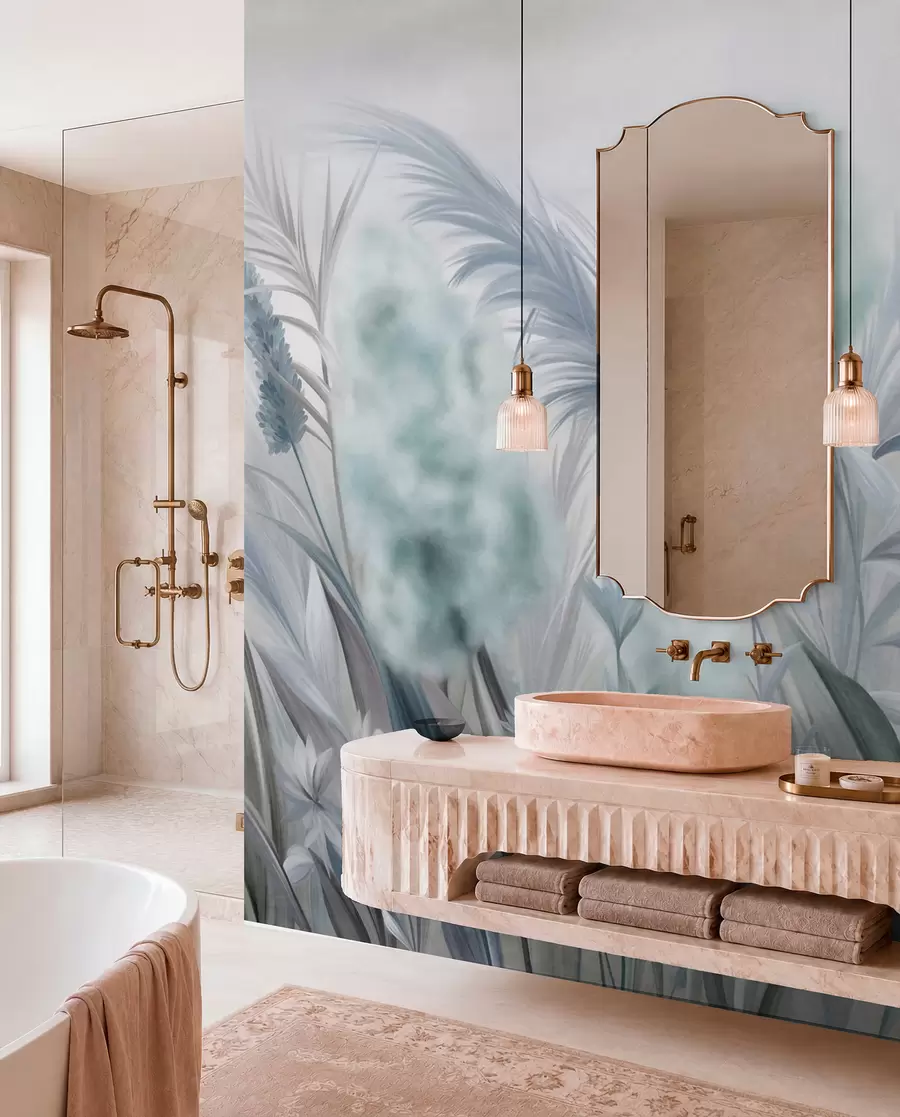 murales de pared Hierba de la pampa azul y gris y otras flores secas con un cielo suave y brumoso al fondo. w09635v1