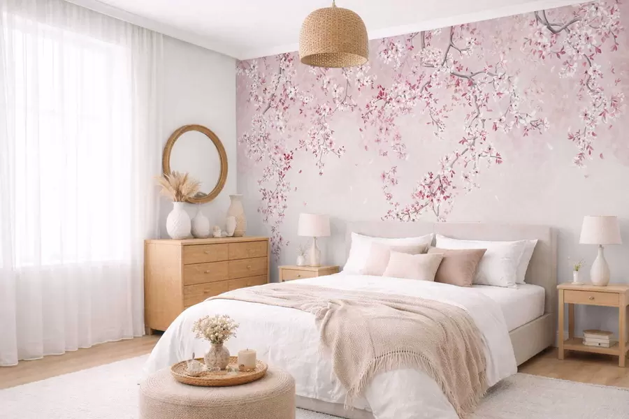 murales de pared Ramitas con flores rosas sobre un fondo pastel suave. w05129v1