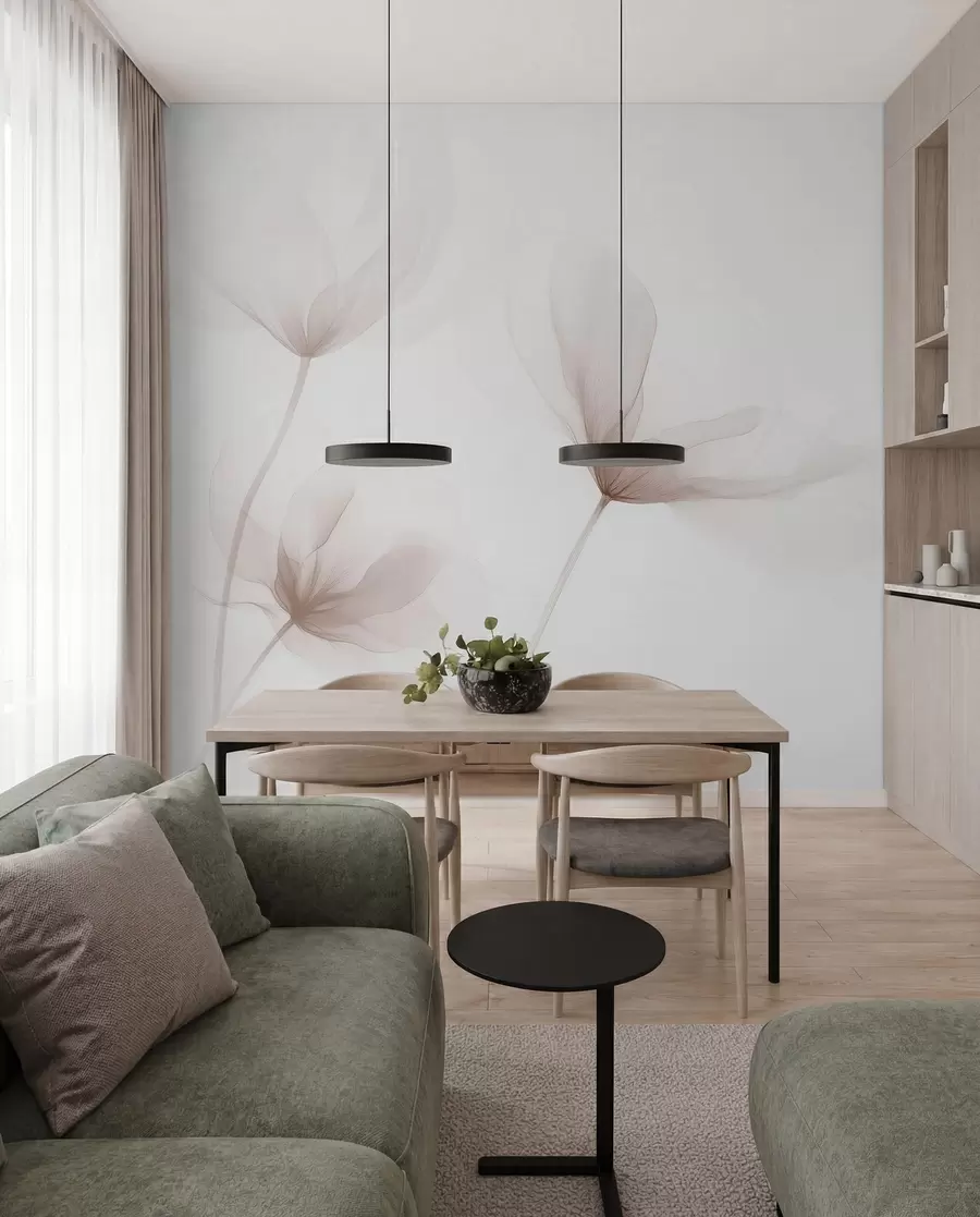murales de pared Flores beige aireadas en un estilo minimalista y ligero. w09734