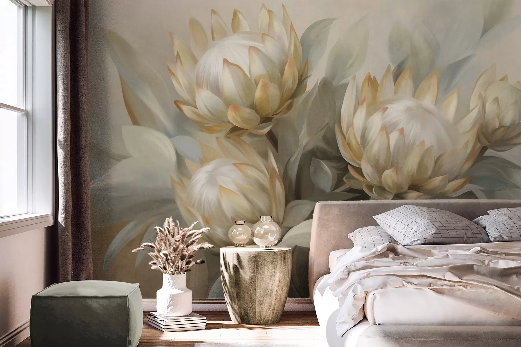 murales de pared Flores de protea con textura, hojas verdes y un fondo suave y difuminado. w09738