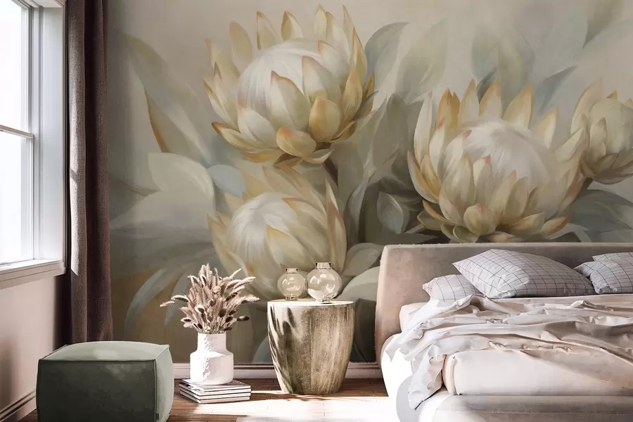 murales de pared Flores de protea con textura, hojas verdes y un fondo suave y difuminado. w09738