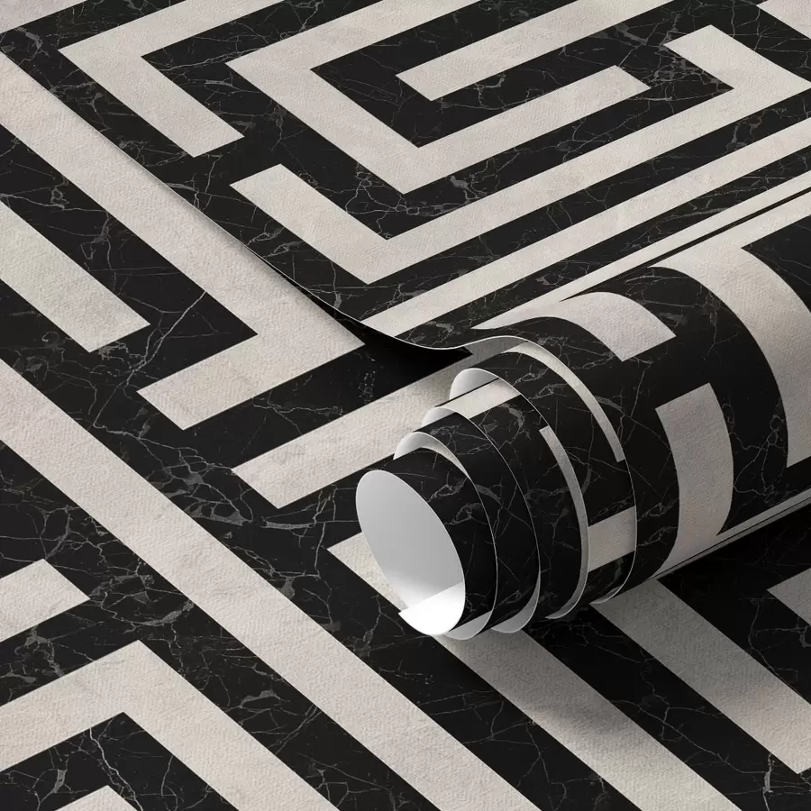 murales de pared Patrón geométrico en blanco y negro con forma de laberinto a01073