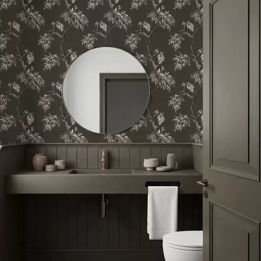 murales de pared Rama monocromática con hojas sobre fondo oscuro a01117v2