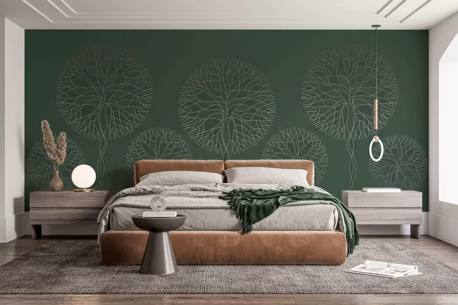 murales de pared Árboles lineales fantásticos con copas frondosas en elegantes tonos verde oscuro. w05213v2