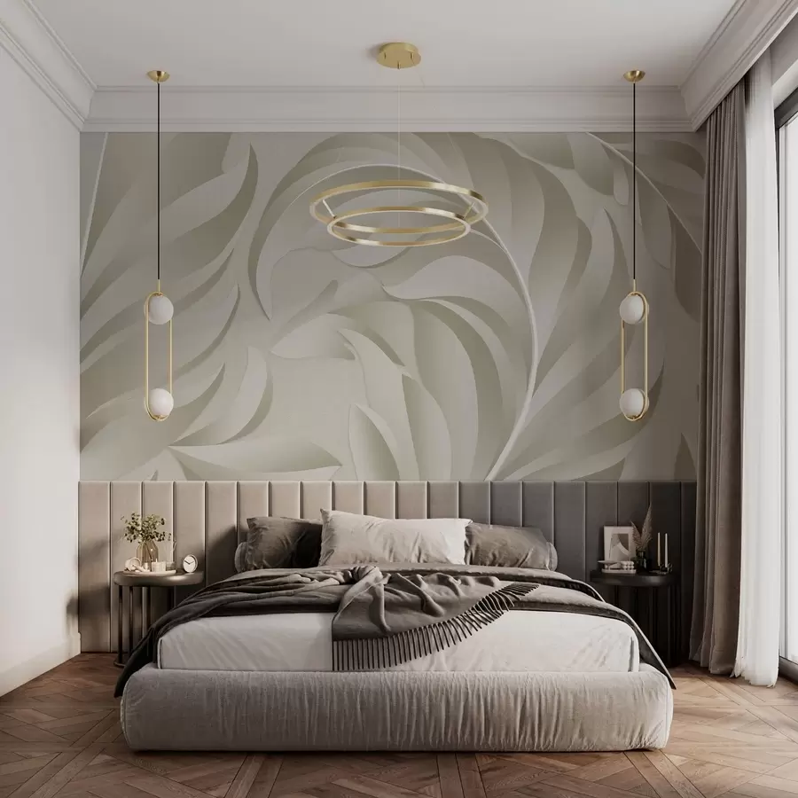 murales de pared Plumas grandes con textura en tonos beige y oliva. w05231v1