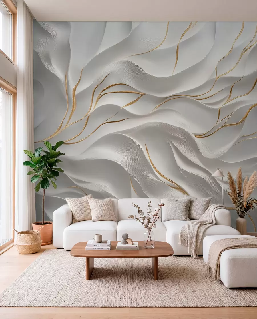 murales de pared Ondas en relieve grises con detalles en amarillo w09724