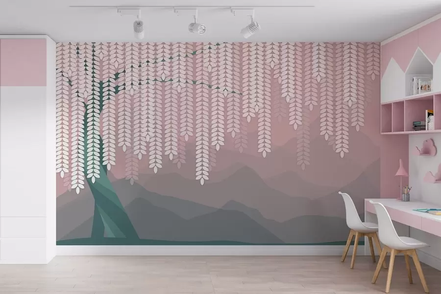 murales de pared Árbol de sauce estilizado con hojas colgantes sobre un fondo de montañas minimalistas en tonos rosa y verde oscuro. w05232v4
