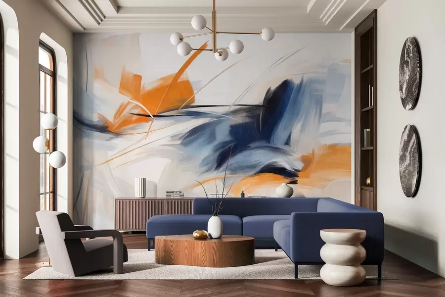 murales de pared Estilo de pintura abstracta con pinceladas texturizadas en naranja y azul. w09755