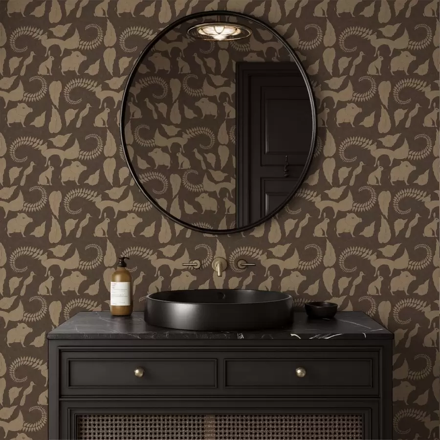 murales de pared Patrón forestal con animales sobre fondo marrón a01121