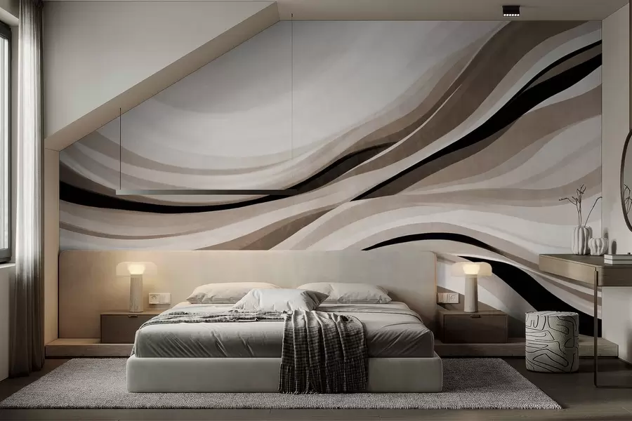 murales de pared Líneas onduladas abstractas en tonos beige y negro sobre un fondo claro, arte texturizado. w09748