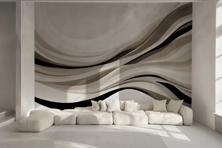 murales de pared Líneas onduladas abstractas en tonos beige y negro sobre un fondo claro, arte texturizado. w09748