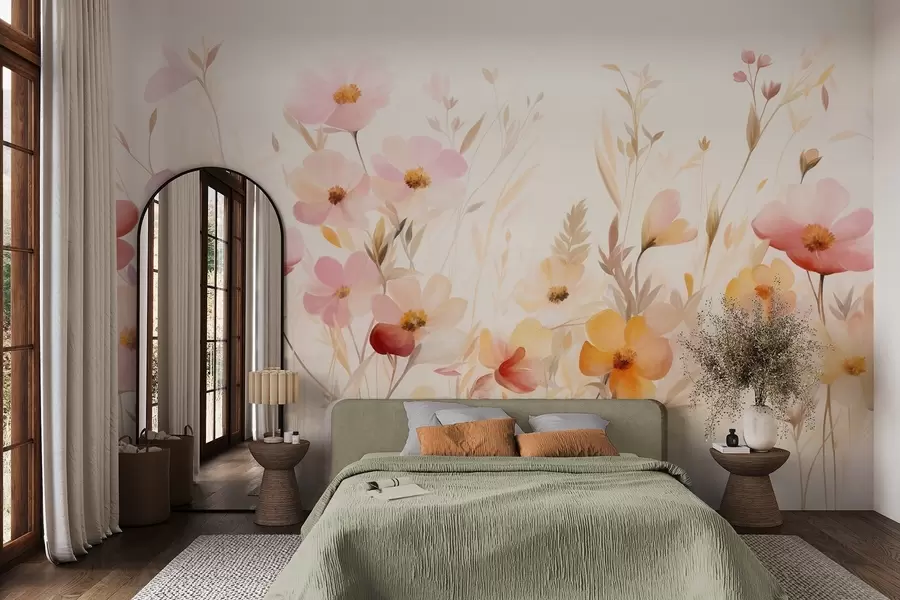 murales de pared Campo abstracto de flores silvestres en tonos pastel, estilo acuarela. w09757