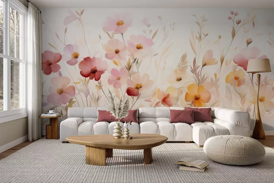 murales de pared Campo abstracto de flores silvestres en tonos pastel, estilo acuarela. w09757