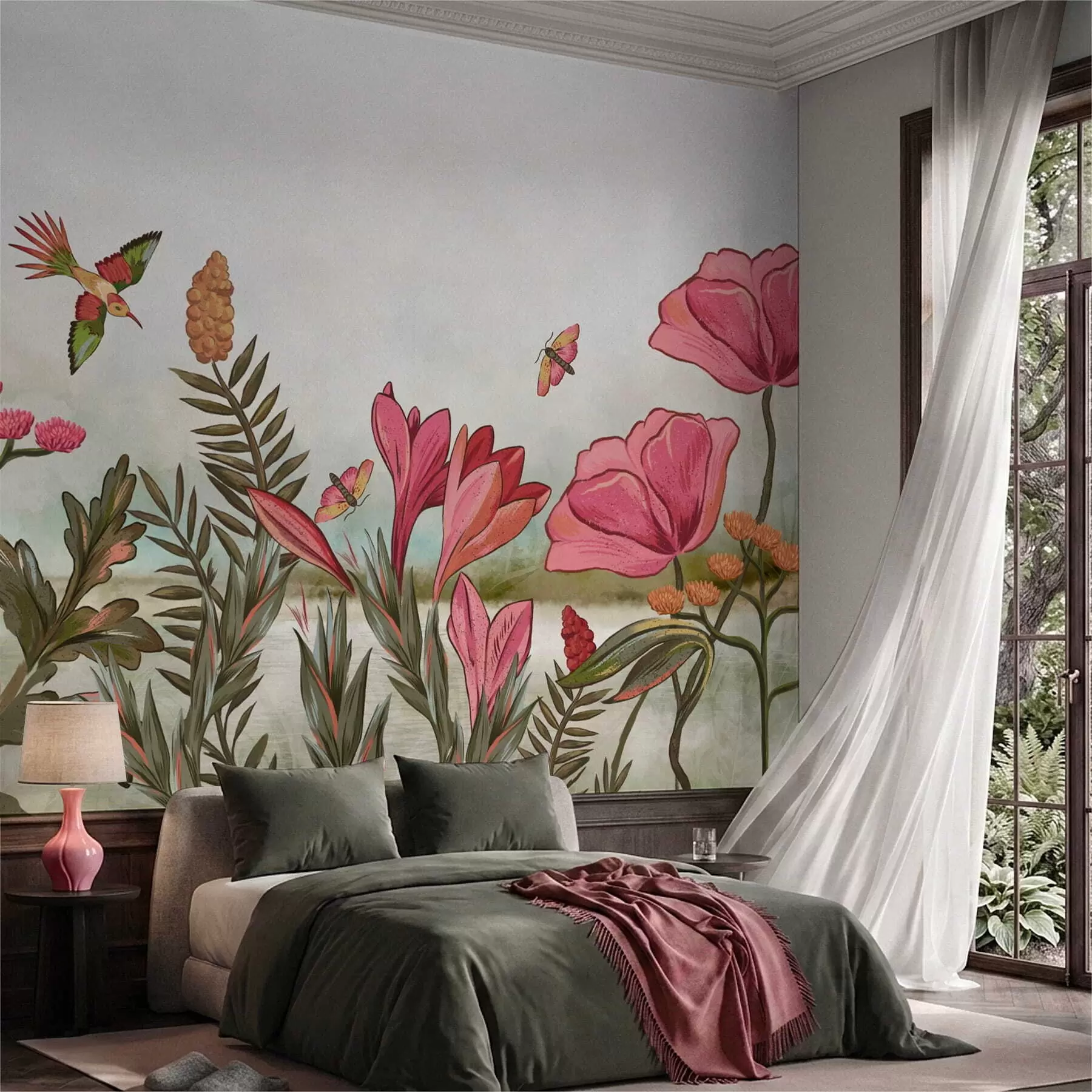 murales de pared Flores brillantes con pájaros y mariposas w05321