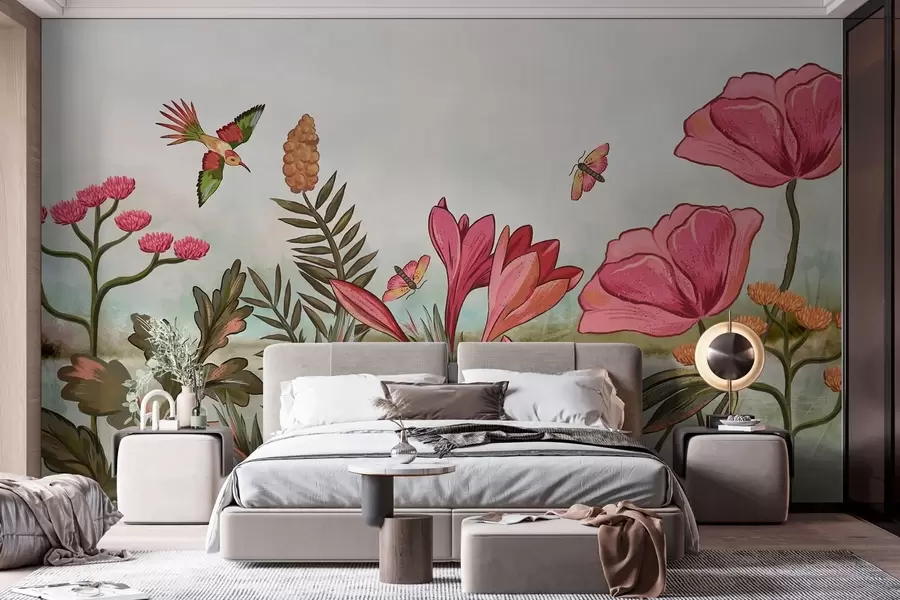 murales de pared Flores brillantes con pájaros y mariposas w05321