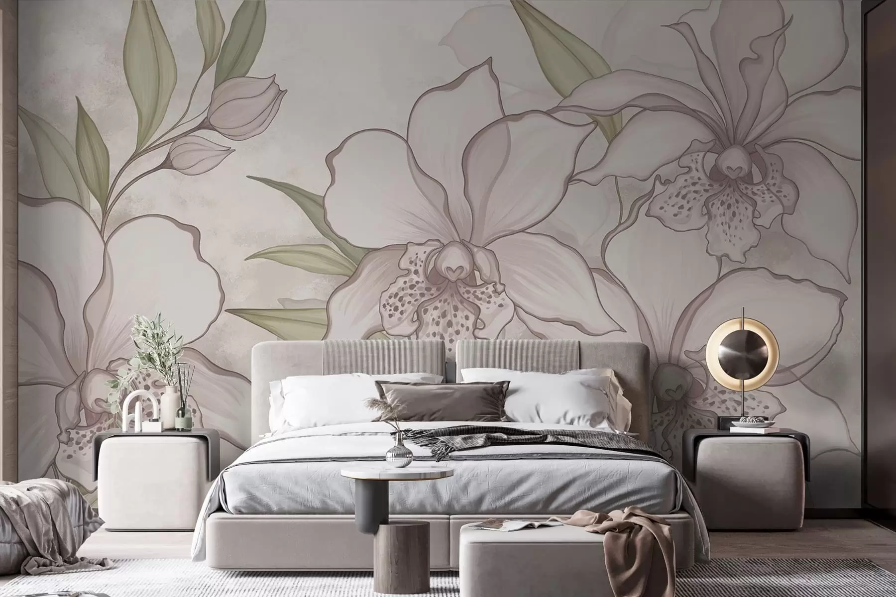 murales de pared Ilustración de orquídeas pálidas con hojas sobre fondo beige. w05117