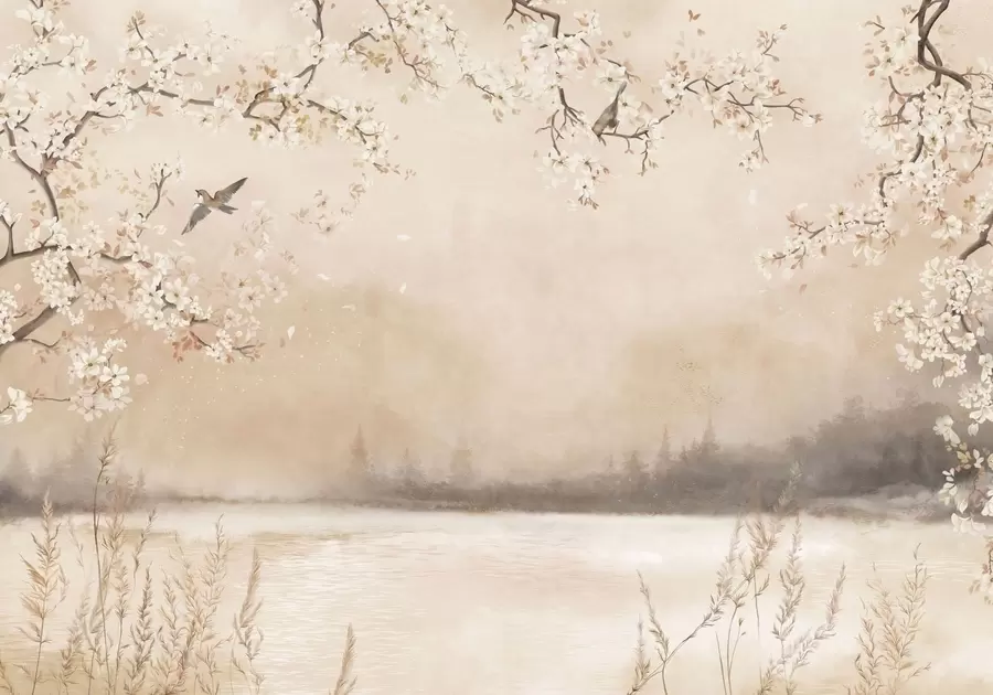 murales de pared Delicadas ramas en flor junto al lago con pájaros en una ligera niebla. w05155