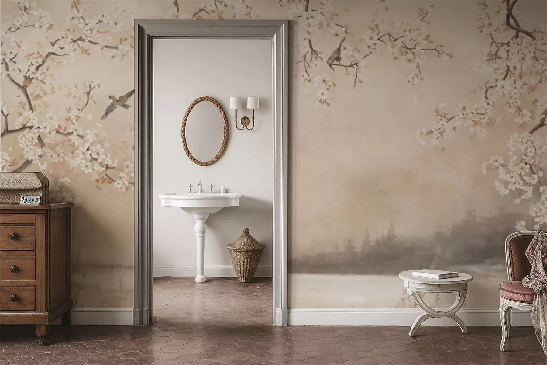 murales de pared Delicadas ramas en flor junto al lago con pájaros en una ligera niebla. w05155