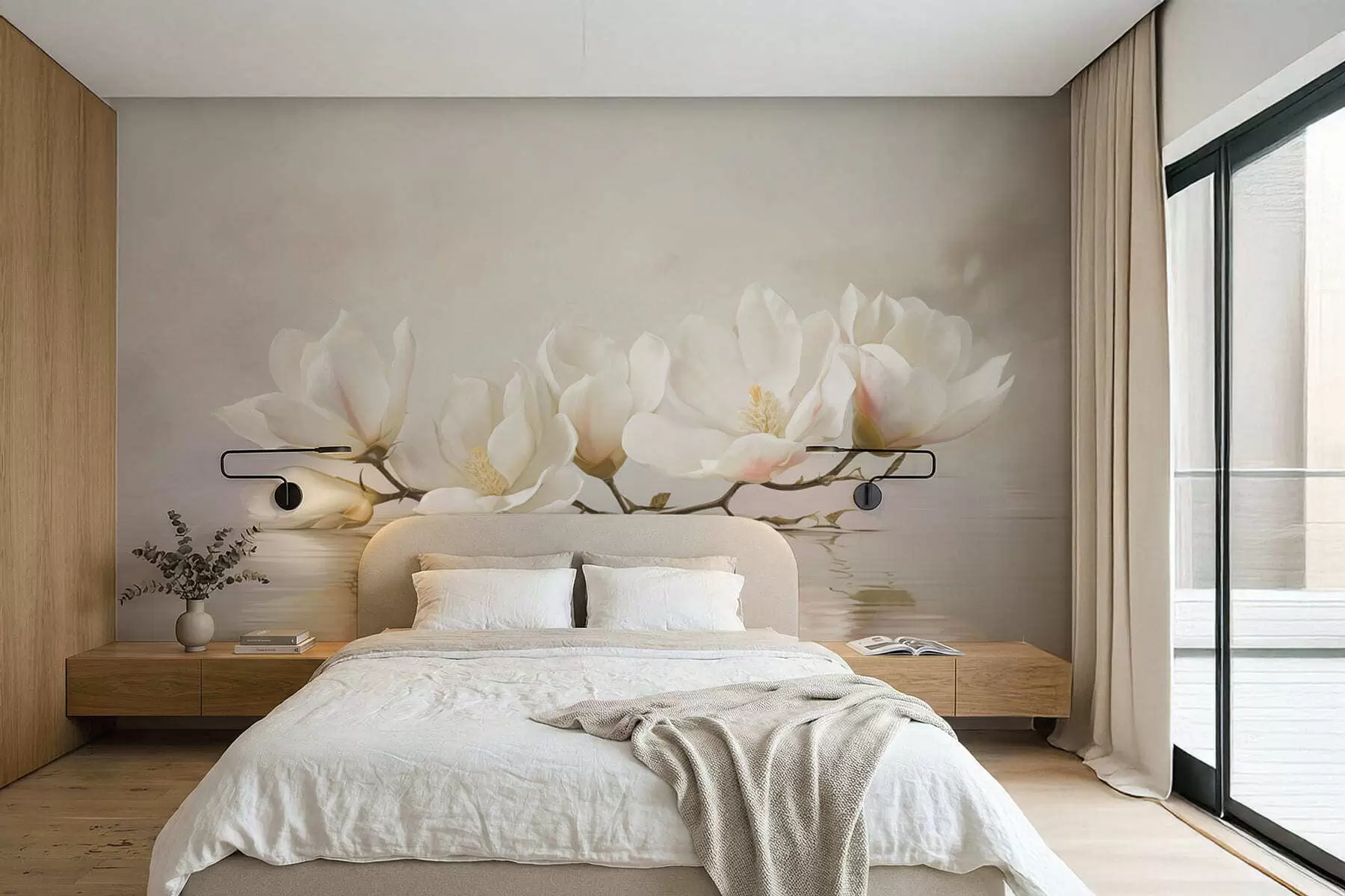 murales de pared Ligeras flores de magnolia en una rama sobre el reflejo del agua. w05353