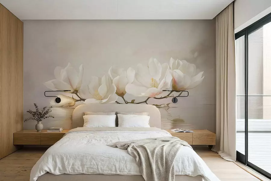 murales de pared Ligeras flores de magnolia en una rama sobre el reflejo del agua. w05353