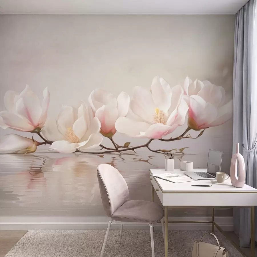 murales de pared Rama de magnolia con flores sobre el reflejo de aguas tranquilas w05353v1
