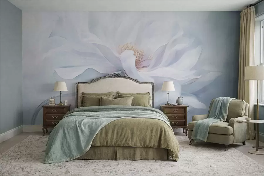 murales de pared Flor blanca suave con pétalos fluidos sobre fondo azul. w05354