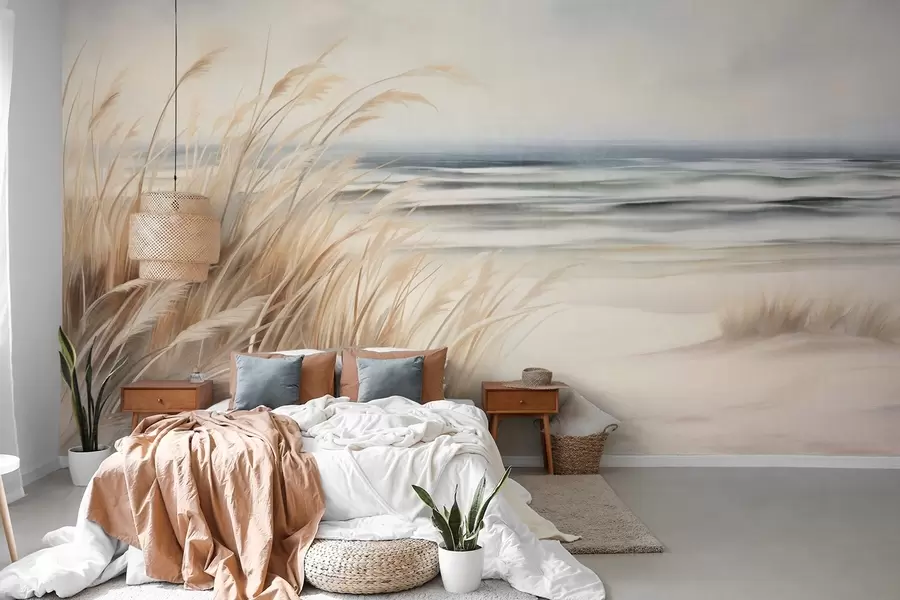 murales de pared Paisaje con textura, con hierba seca en una playa de arena, con el océano y el cielo al fondo. w09739