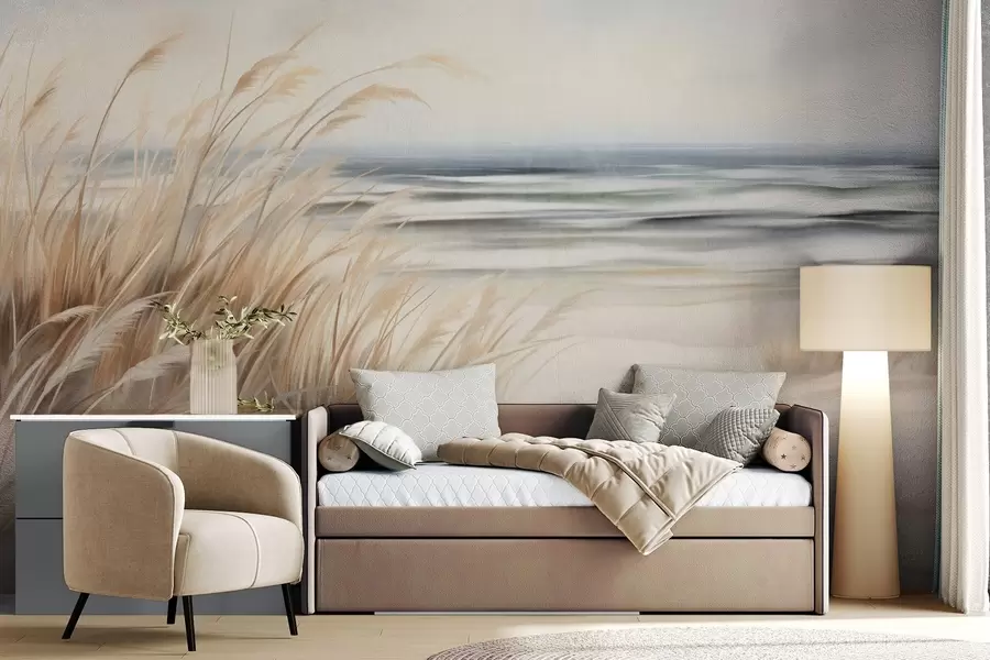 murales de pared Paisaje con textura, con hierba seca en una playa de arena, con el océano y el cielo al fondo. w09739