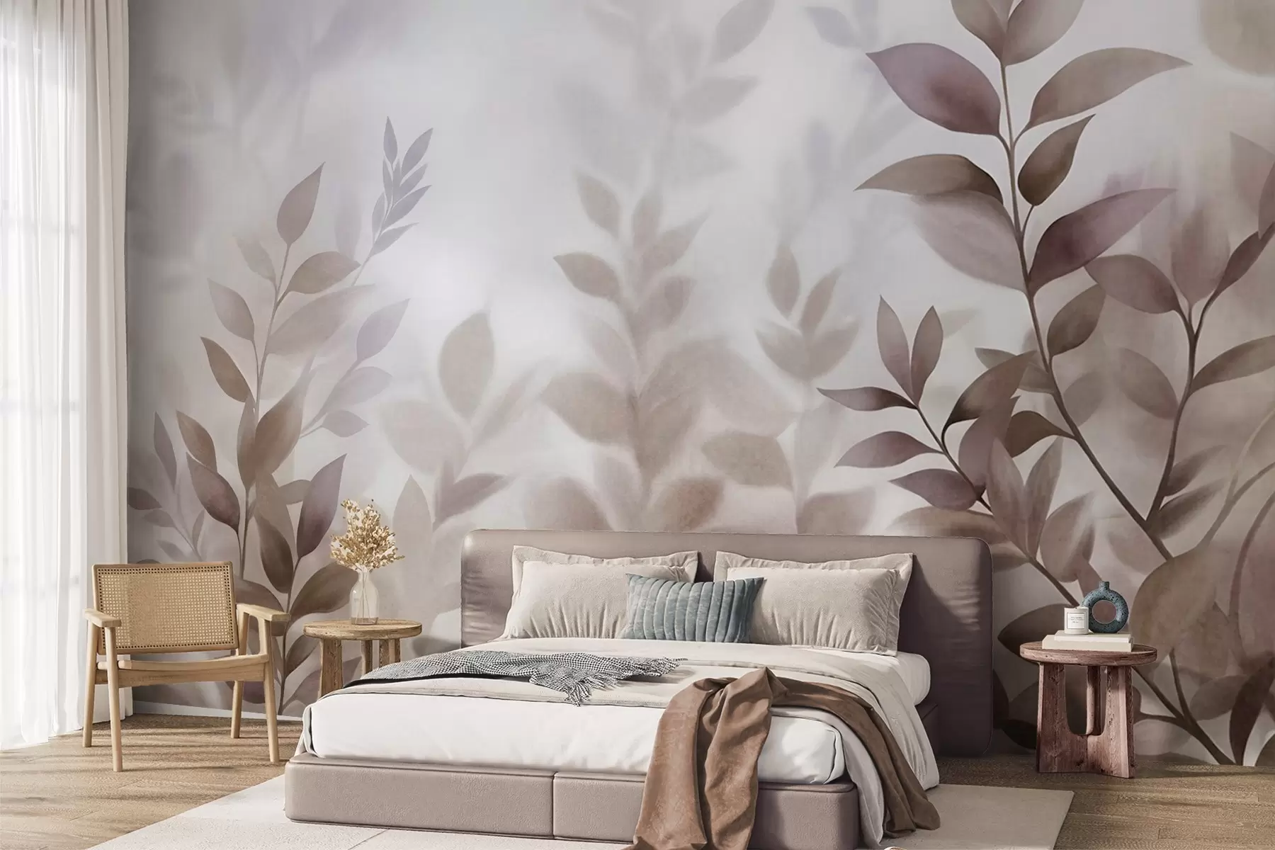 murales de pared Ramas delicadas con hojas de tonos marrones y beiges apagados, estilo acuarela, arte con textura. w09750