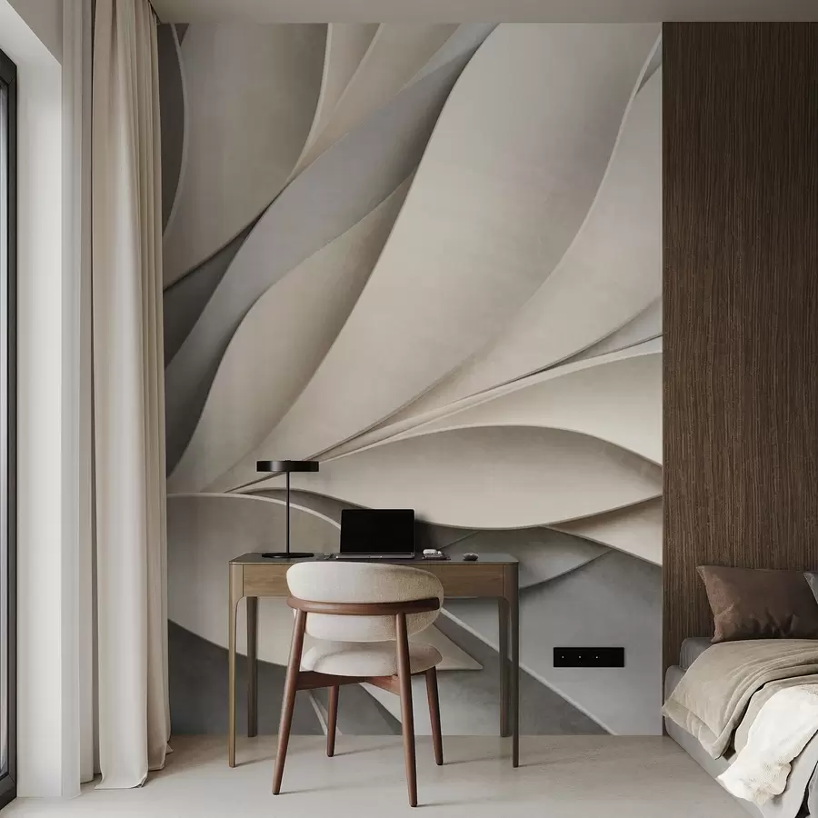 murales de pared Hojas abstractas en beige y gris, arte moderno con textura. w09769