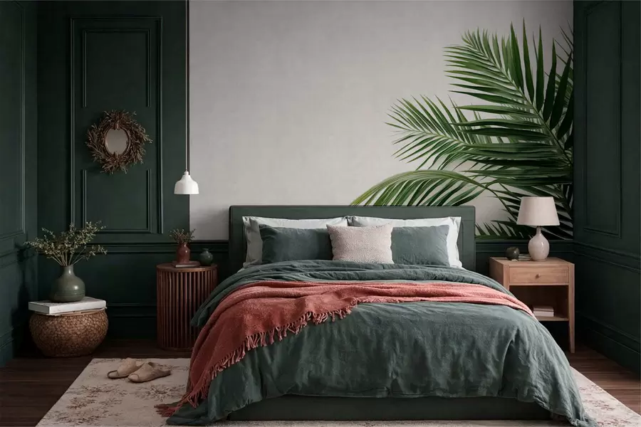 murales de pared Hojas de palmera verdes sobre un fondo claro w05391